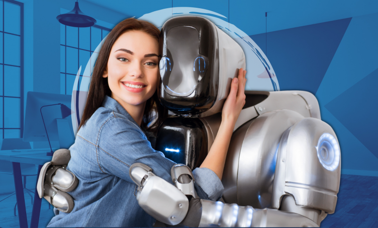 #PraCegoVer: Imagem de uma mulher sendo abraçada por um robô - Imagem Customizada Portal Customer - Canva Pro