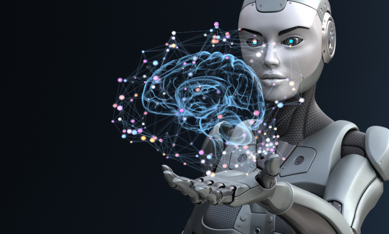 #PraCegoVer: Imagem de um robô segurando um cerebro desenhado com linhas azuis